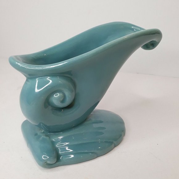 Vintage HAEGER Pottery Planter Blue Aqua Turquoise Clam Shell Wave Green Foil - Picture 12 of 12
